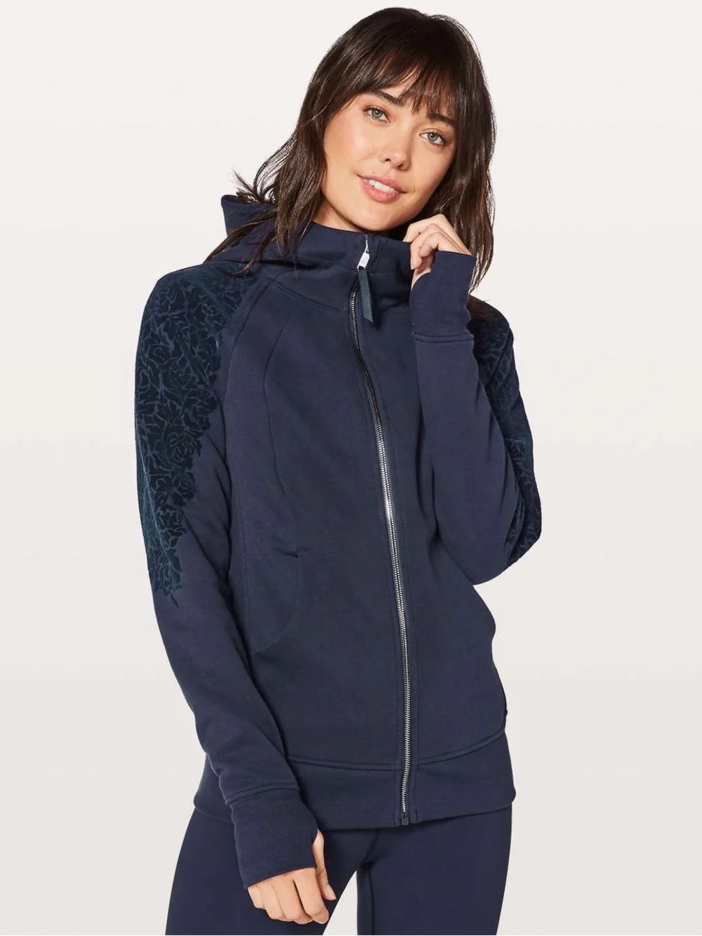 Lululemon Scuba Hoodie Light Cotton Fleece Midnight Navy Size 8 Floral Athletic